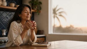 Adult-child caregiver taking a quiet coffee break by a sunlit kitchen window