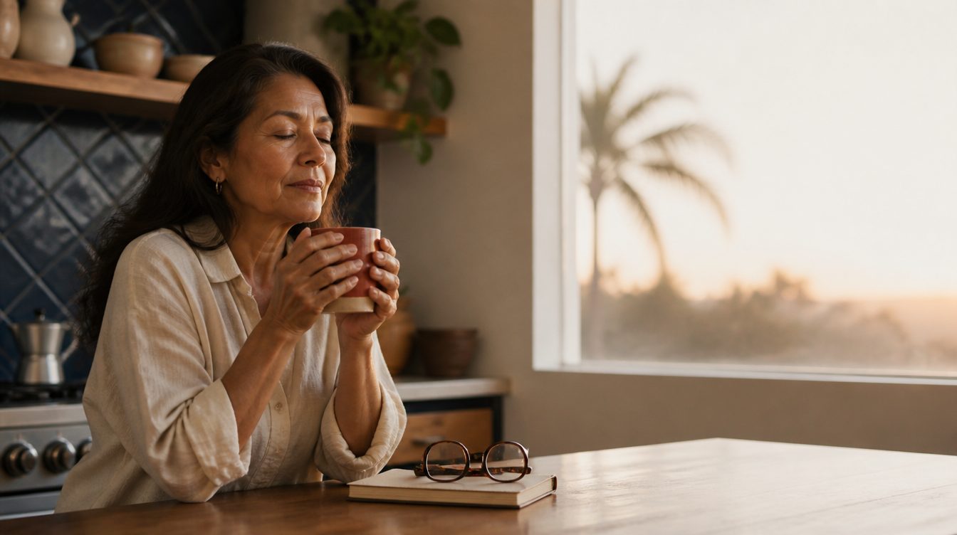 Adult-child caregiver taking a quiet coffee break by a sunlit kitchen window