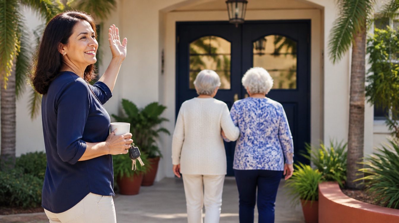 Adult daughter waving goodbye as her mother enters an adult day care center for respite