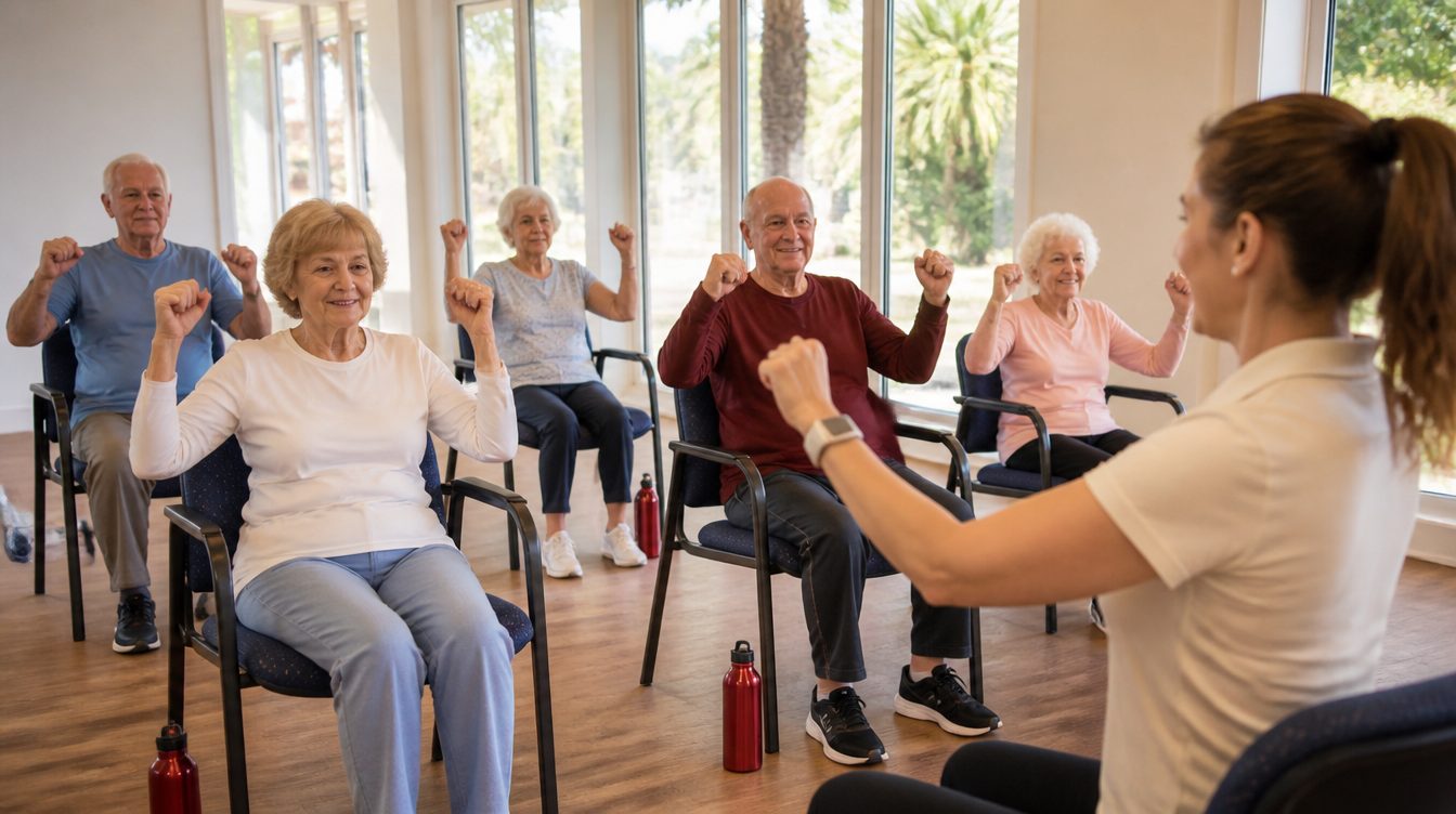 Seniors in a chair fitness class doing balance exercises at a community center in Broward County