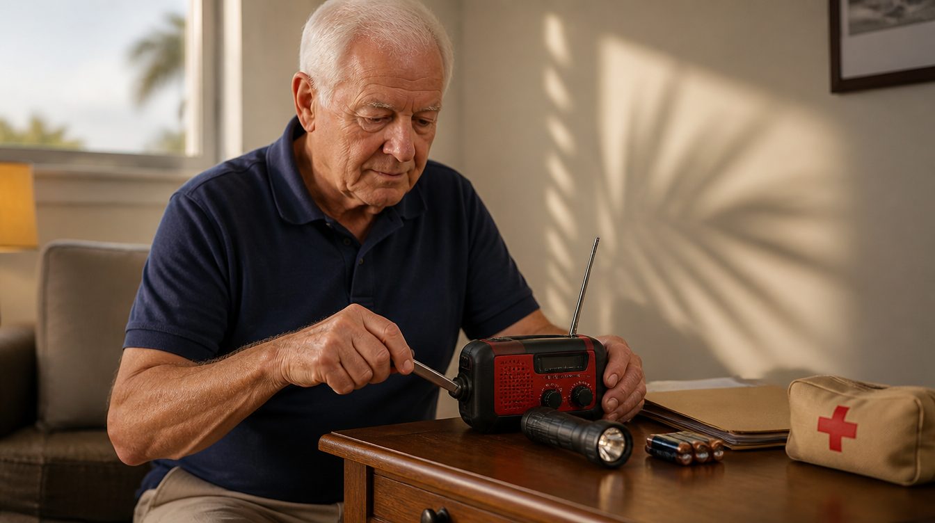 Senior man testing a hand-crank emergency weather radio with first aid kit and flashlight
