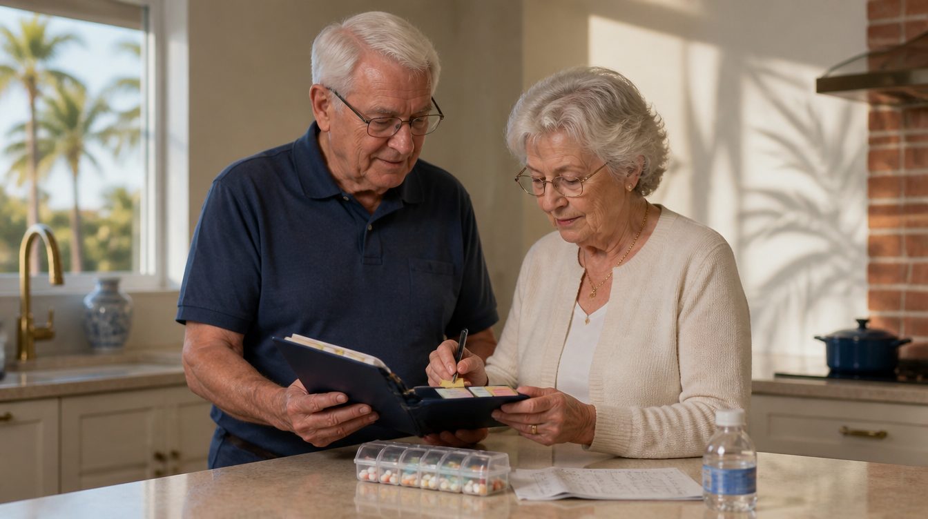 Senior couple labeling a medication binder for hurricane preparedness in a Florida kitchen