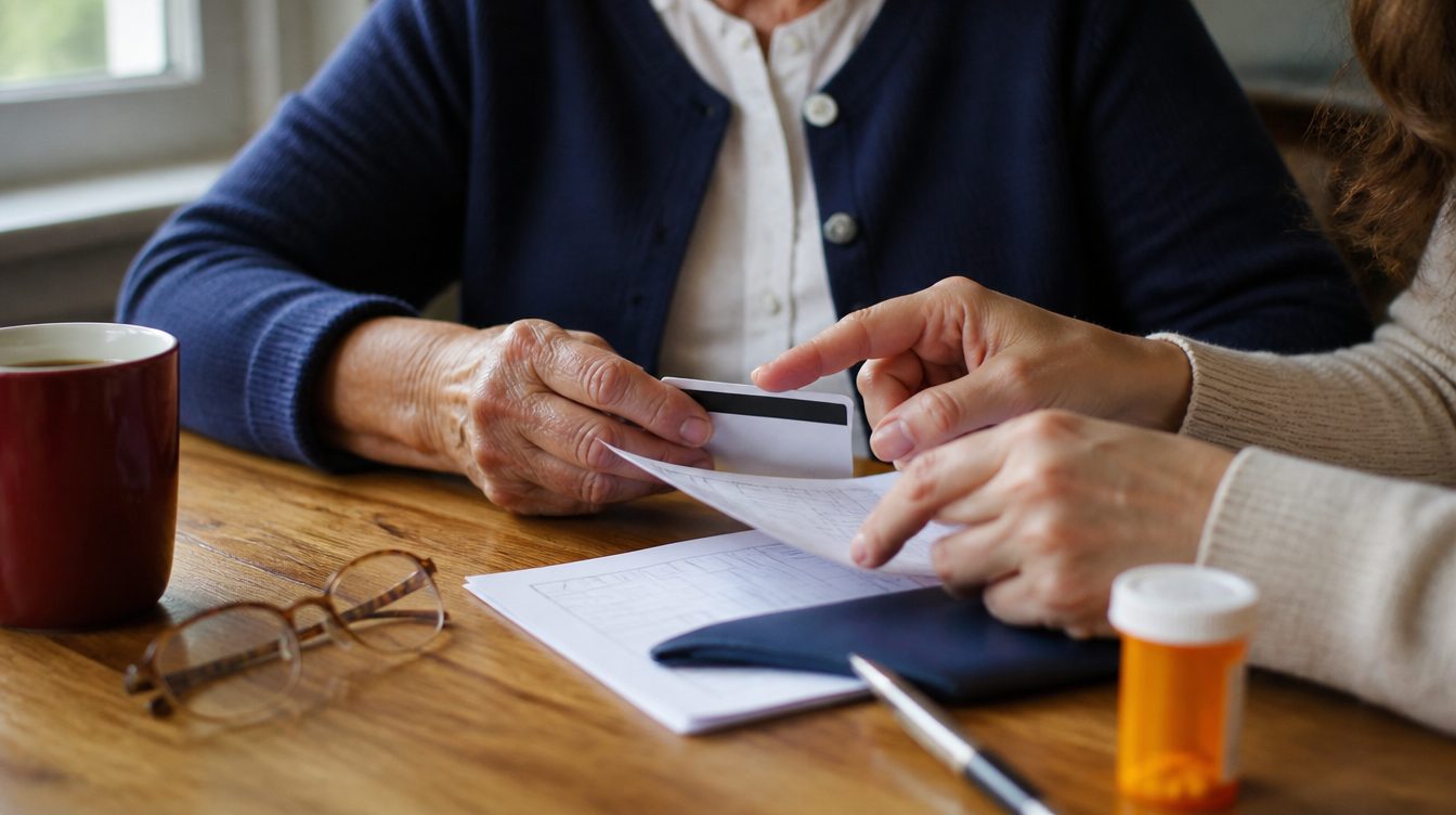 Adult daughter and elderly mother organizing Medicaid healthcare paperwork together