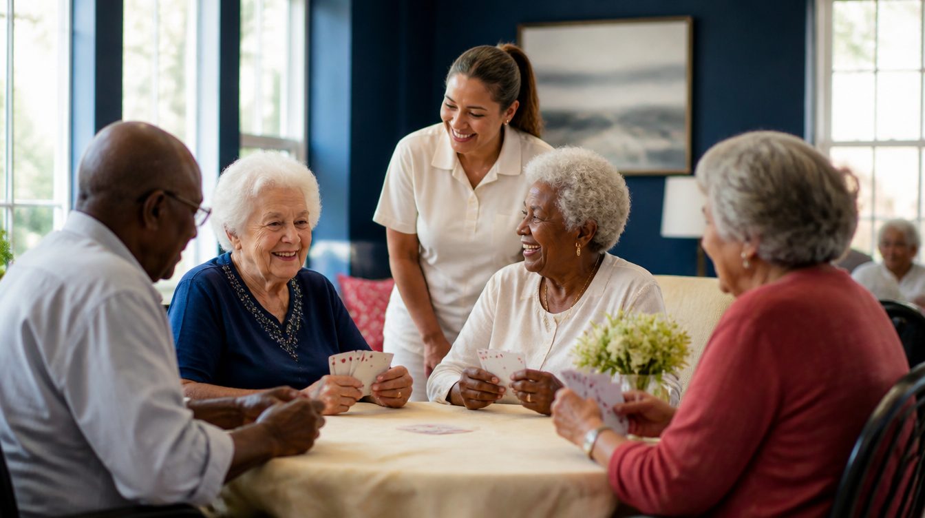 Multicultural seniors enjoying a card game at an adult day care center in Broward County