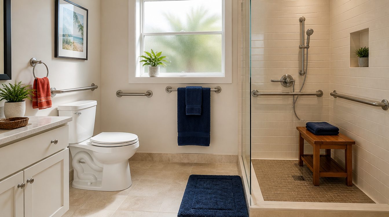 Senior fall prevention bathroom with grab bars shower chair and non slip mat South Florida