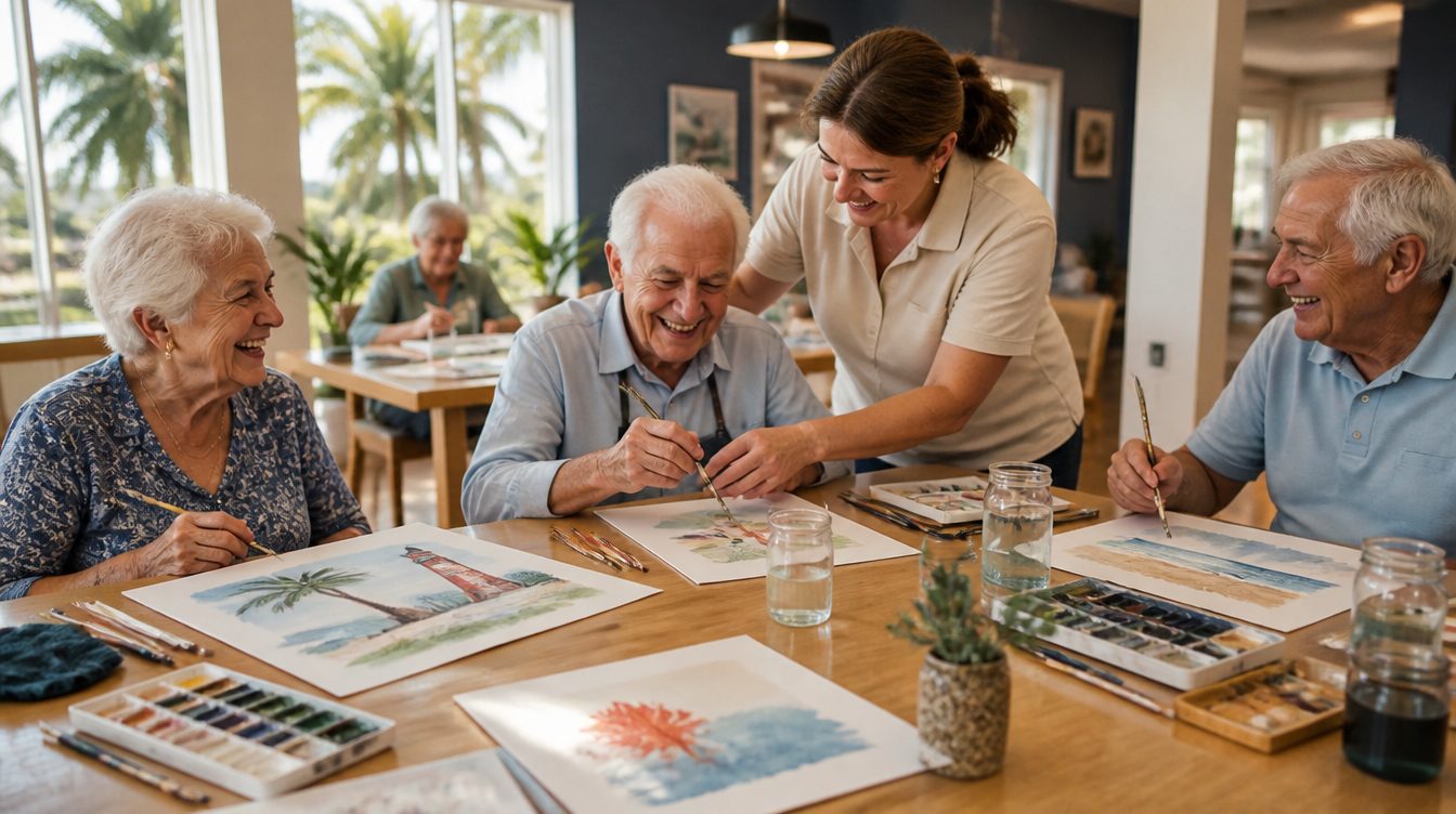 Seniors laughing during a watercolor painting activity at an adult day care center in Florida