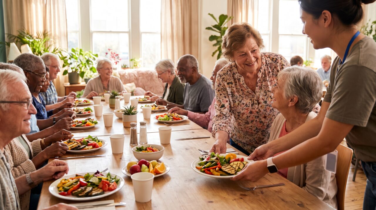 Seniors sharing a healthy plated lunch together at a communal table in an adult day care center in Broward County