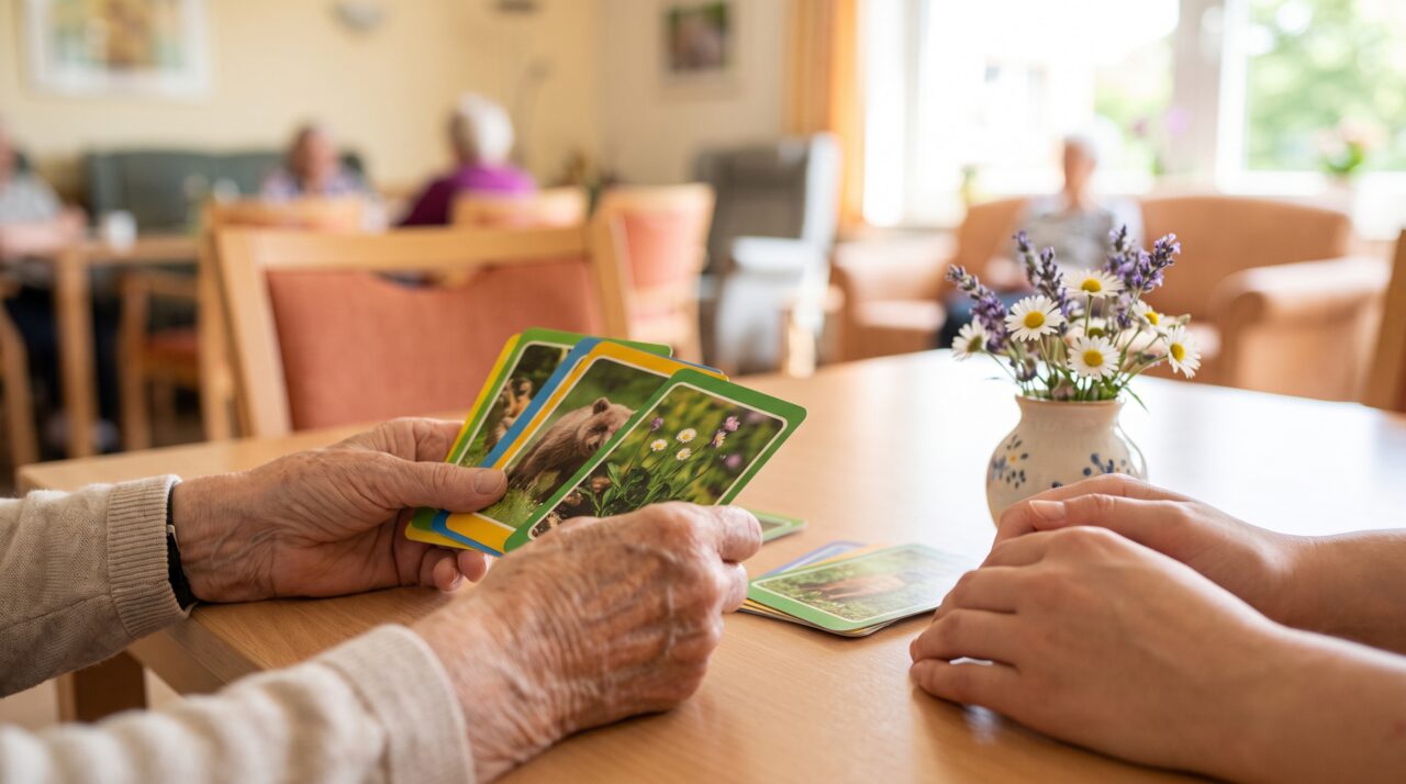 Caregiver and senior with dementia arranging memory cards during a structured activity in Broward County