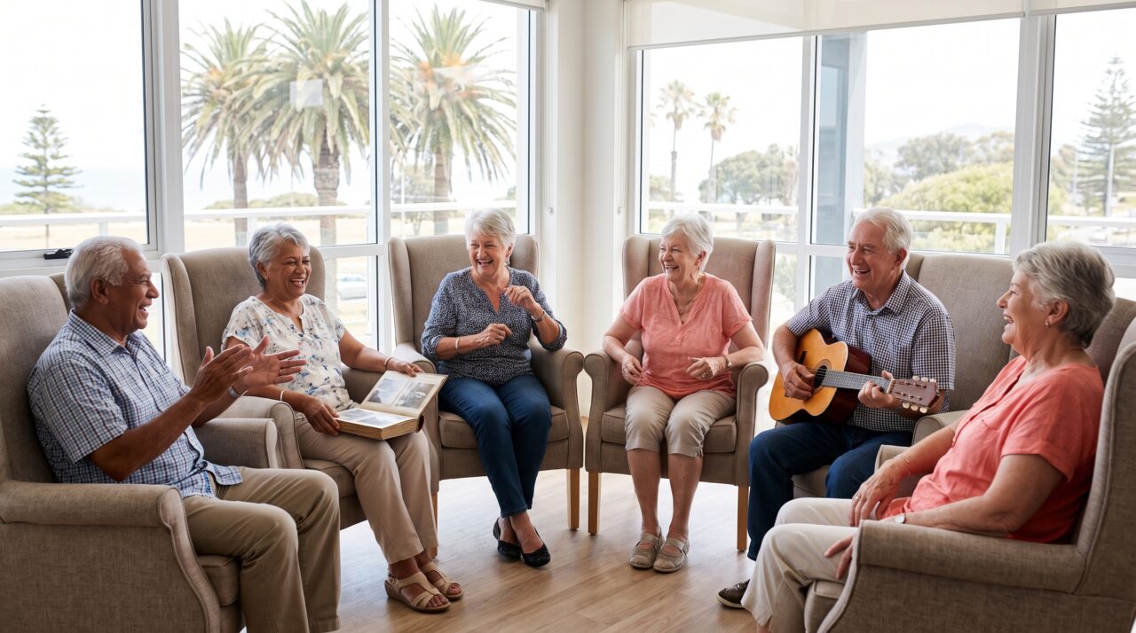 Group of seniors enjoying a music and memory session in an air-conditioned dementia day program lounge in Broward County