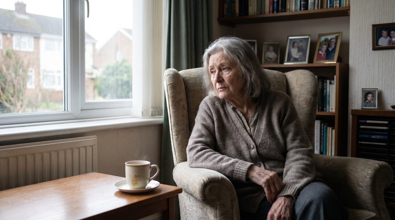 Elderly woman sitting alone by a window at home illustrating the isolation of in-home care in Broward County