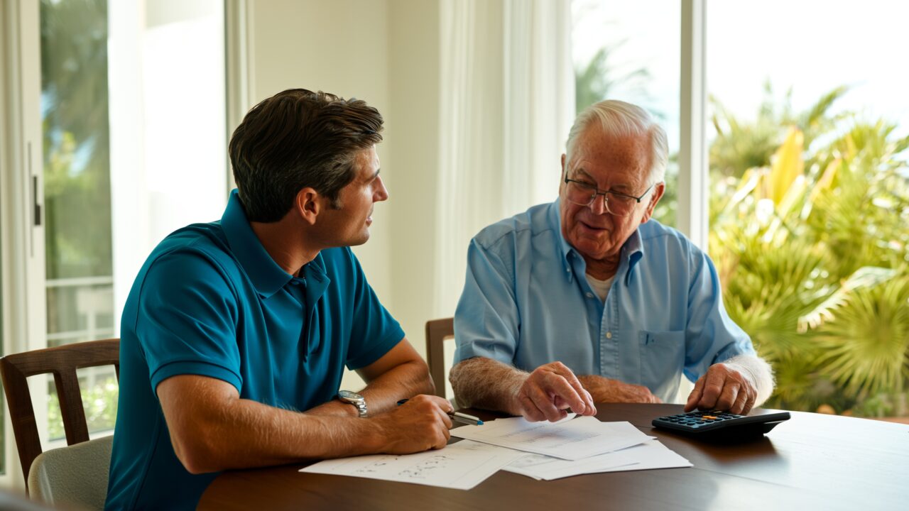 Adult son and elderly father reviewing adult day care funding paperwork together at a table in Florida