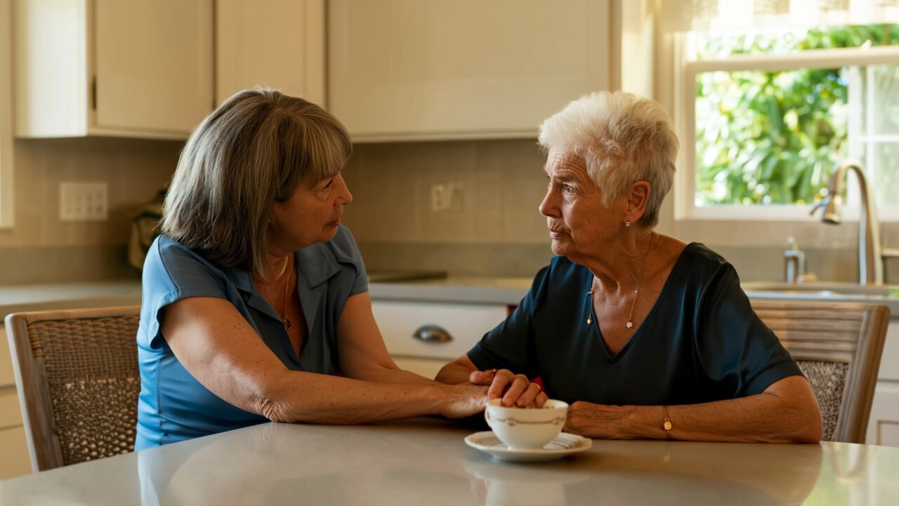 Adult daughter gently talking with her reluctant elderly mother at a kitchen table in Broward County