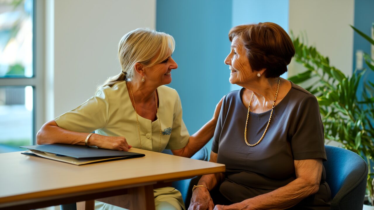 Social worker helping a senior woman understand adult day care funding options in Broward County