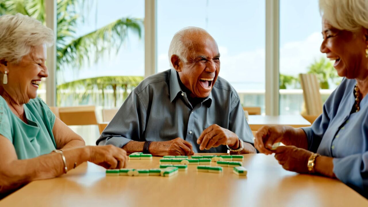 Senior man laughing while playing dominoes with friends at an adult day center in Broward County