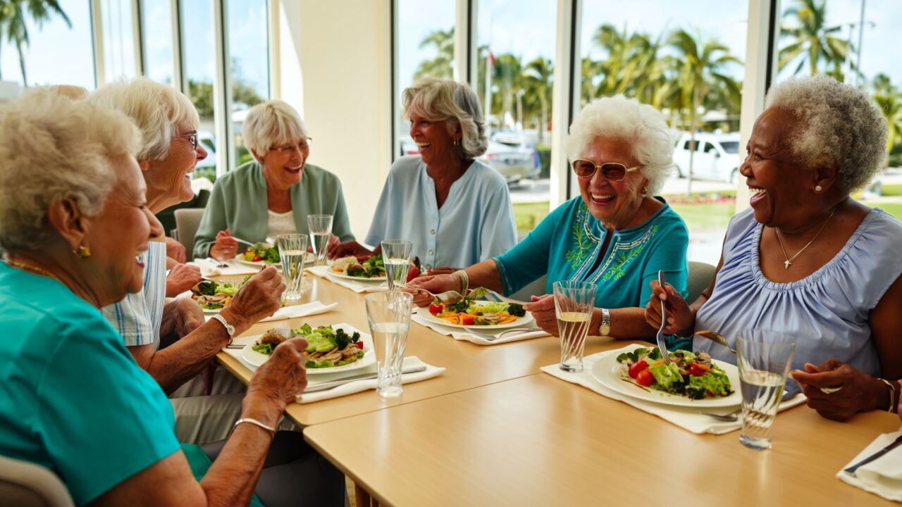 Seniors sharing lunch together at an adult day care center in Broward County Florida