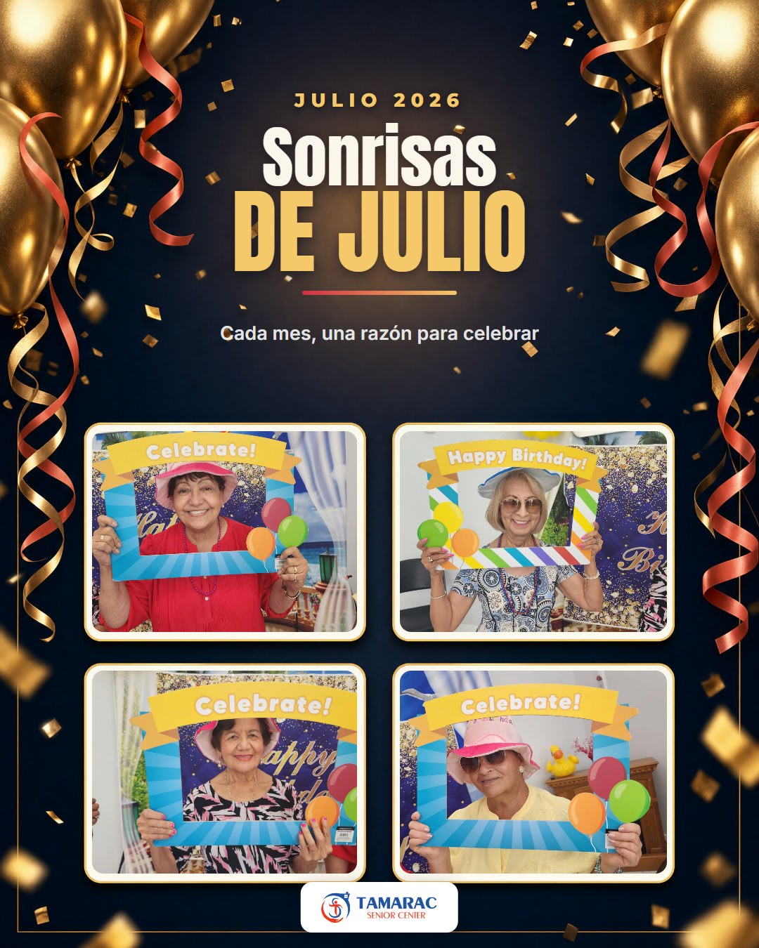 Sonrisas de los miembros de Tamarac Senior Center durante la celebración de cumpleaños de julio