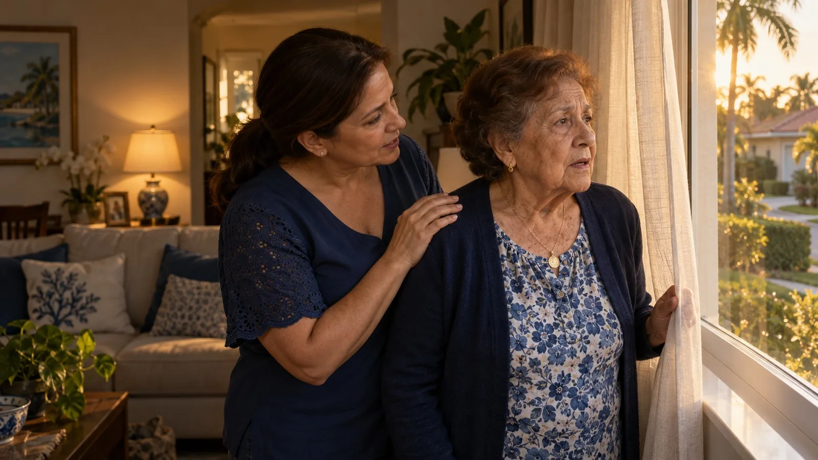 Photo illustration of an older woman looking out a window in late afternoon light while her daughter rests a hand on her shoulder